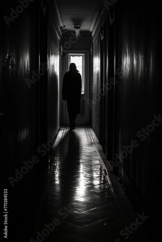 A dimly lit corridor with a solitary figure cloaked in shadows  their face obscured. Harsh contrasts reminiscent of film noir  inspired by the chiaroscuro technique.