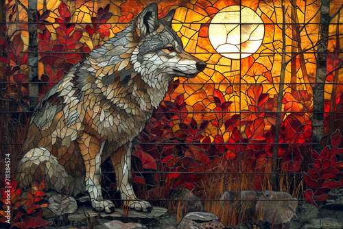  A stained glass design depicting a wolf in lamb's clothing amidst a forest.