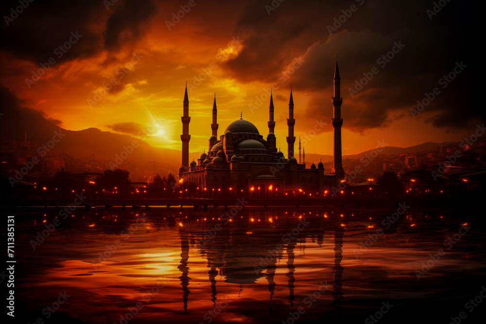 Obraz premium A silhouette of a mosque with minarets against a dramatic orange sunset reflecting in the water, evoking a peaceful, spiritual atmosphere