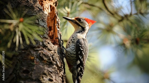 woodpecker pecking in a pine tree