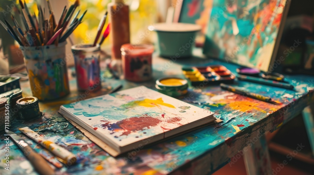 Colorful Artist's Palette and Paintbrushes on Table. How do start art for beginners. Drawing Courses for Beginners, Drawing Exercises Tutorial Colorful Artist's Palette and Paintbrushes on Table. How do start art for beginners. Drawing Courses for Beginners, Drawing Exercises Tutorial