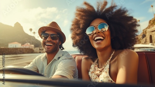 A cheerful African-American couple in glasses on a convertible travels the world photo