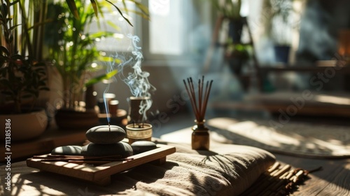 Tranquil Meditation Space with Incense and Zen Garden. serene mindfulness corner featuring meditation cushions, burning incense sticks, calming stones, spiritual and mental wellness. photo