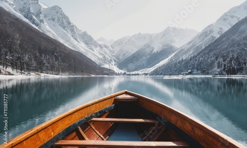 Serene Mountain Lake View From Wooden Rowboat © arifsuw