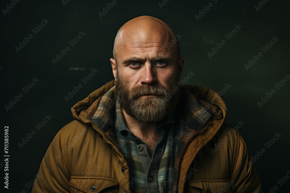 Portrait of a bearded man in a yellow jacket on a dark background