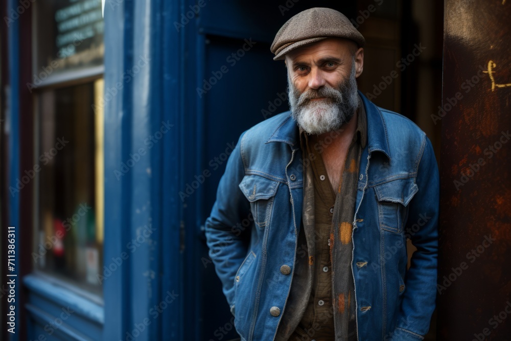 Portrait of a bearded hipster man with a gray beard and mustache, wearing a denim jacket and a cap, standing in front of a blue door in the city.
