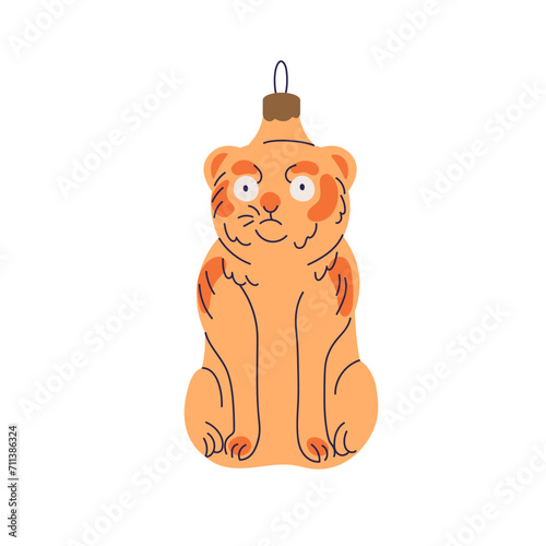 Vintage tiger bauble. Christmas tree ornament in old retro style. Xmas glass ...
