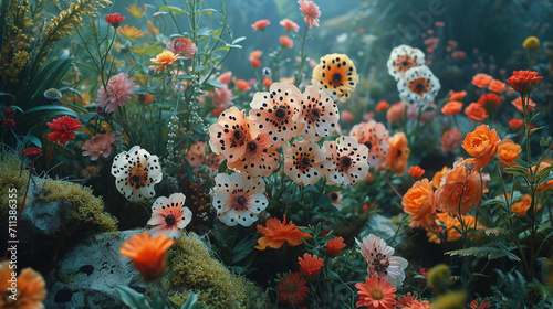 A whimsical garden with flowers and plants featuring dalmatian-like spots.