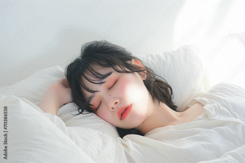 ベッドで寝ている日本人女性のポートレート(睡眠・うたたね・寝る・快眠・休息) ベッドで寝ている日本人女性のポートレート(睡眠・うたたね・寝る・快眠・休息)