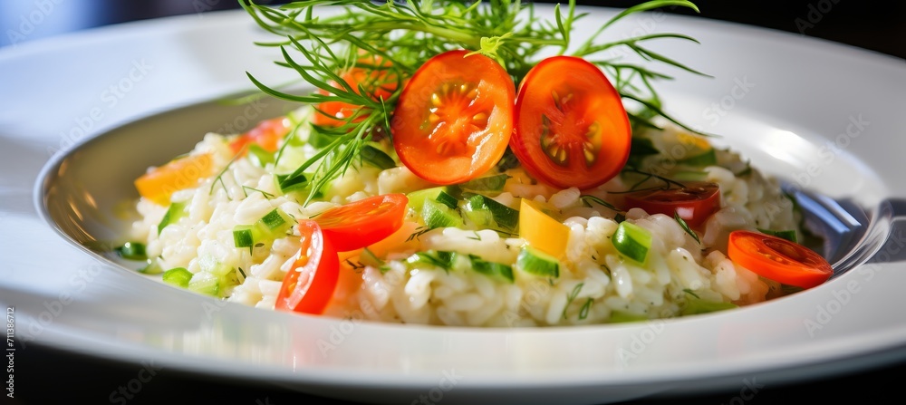 Close up of mouthwatering spring carrot and leek risotto served on a pristine white plate Close up of mouthwatering spring carrot and leek risotto served on a pristine white plate