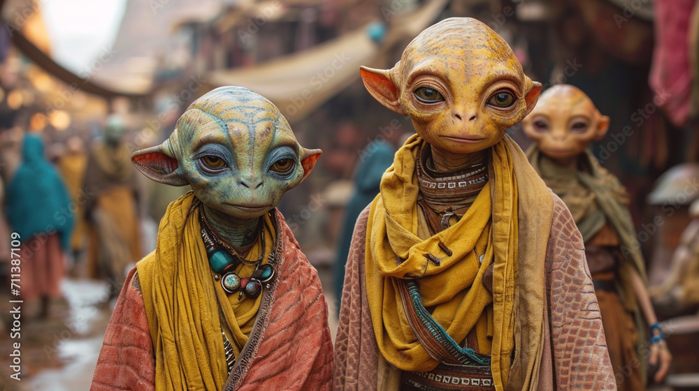A family of aliens with unique cultural traits and clothing. A family of aliens with unique cultural traits and clothing.
