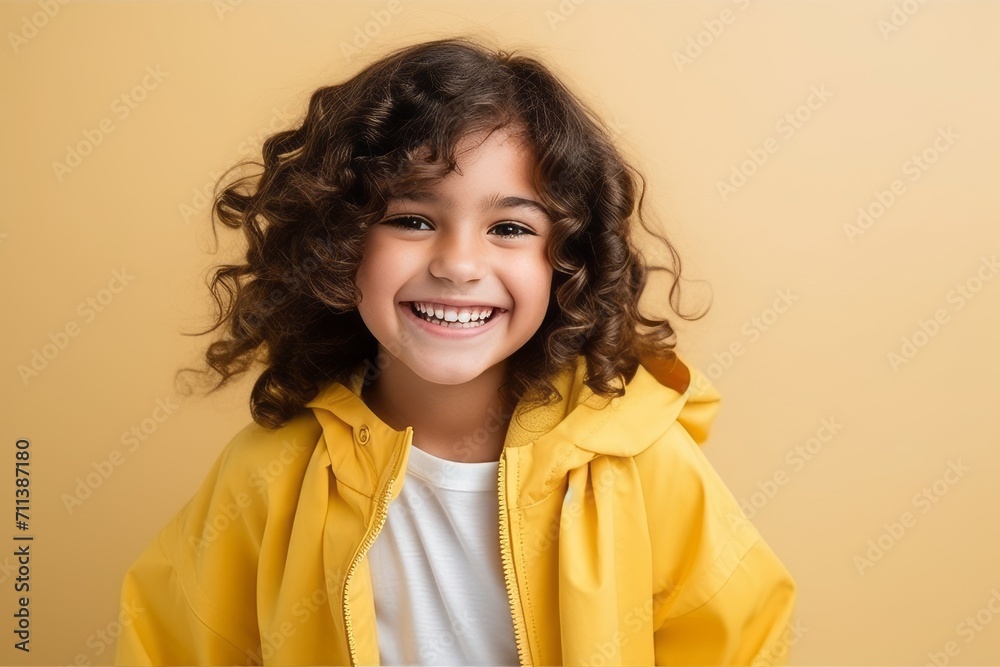 Portrait of a smiling little girl in a yellow raincoat on a yellow background Portrait of a smiling little girl in a yellow raincoat on a yellow background