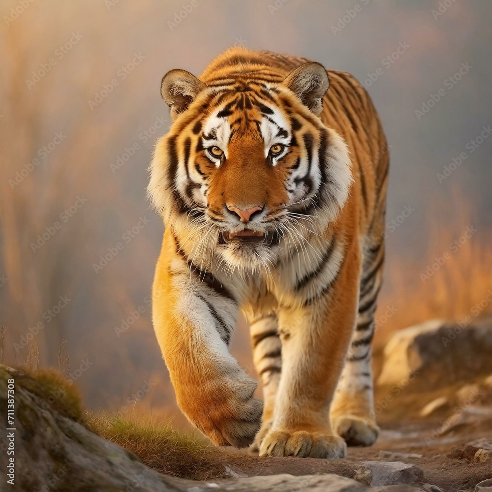 Obraz premium Large male tiger in the natural habitat. Tiger march in golden light.