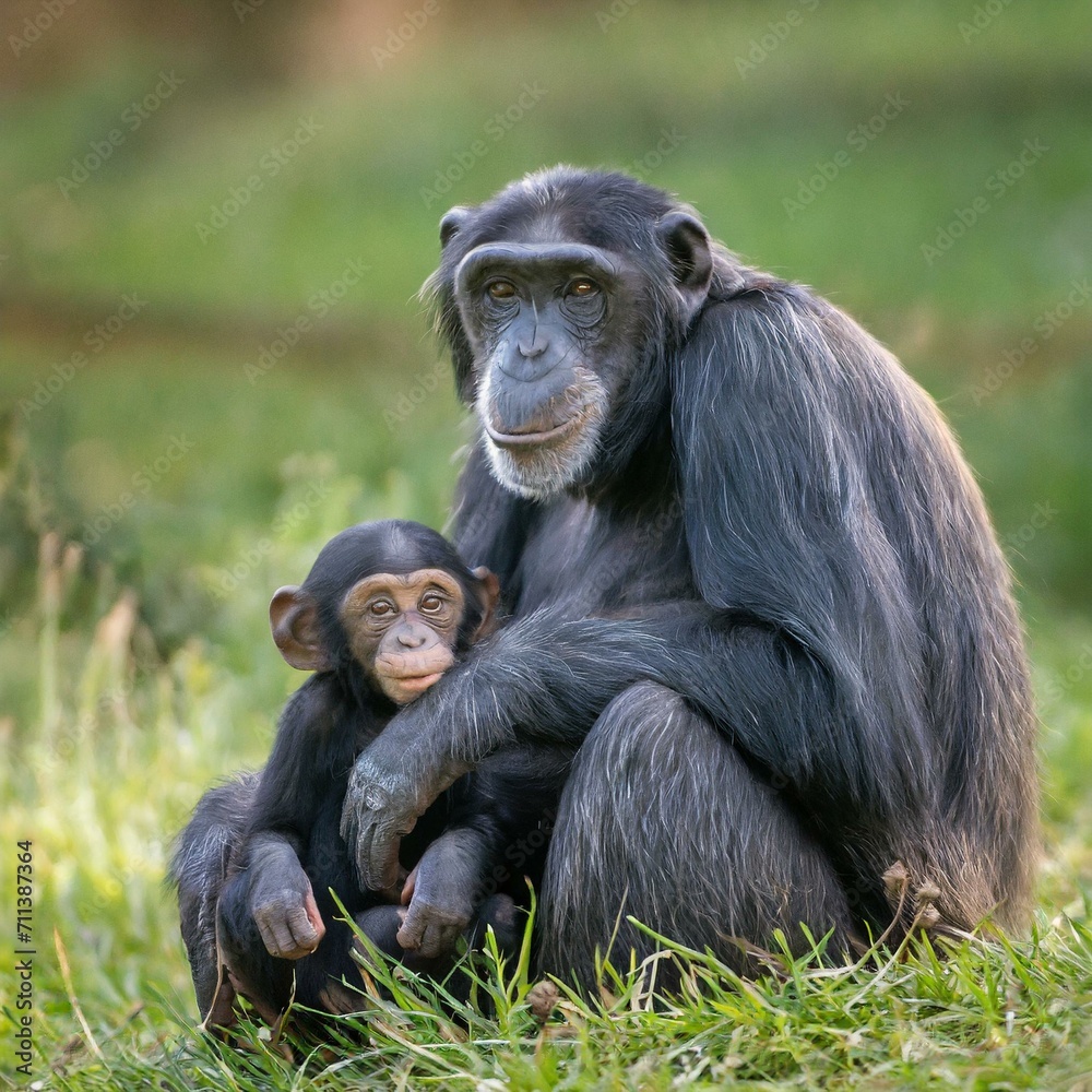 The female bonobo with a baby is sitting on the grass The female bonobo with a baby is sitting on the grass