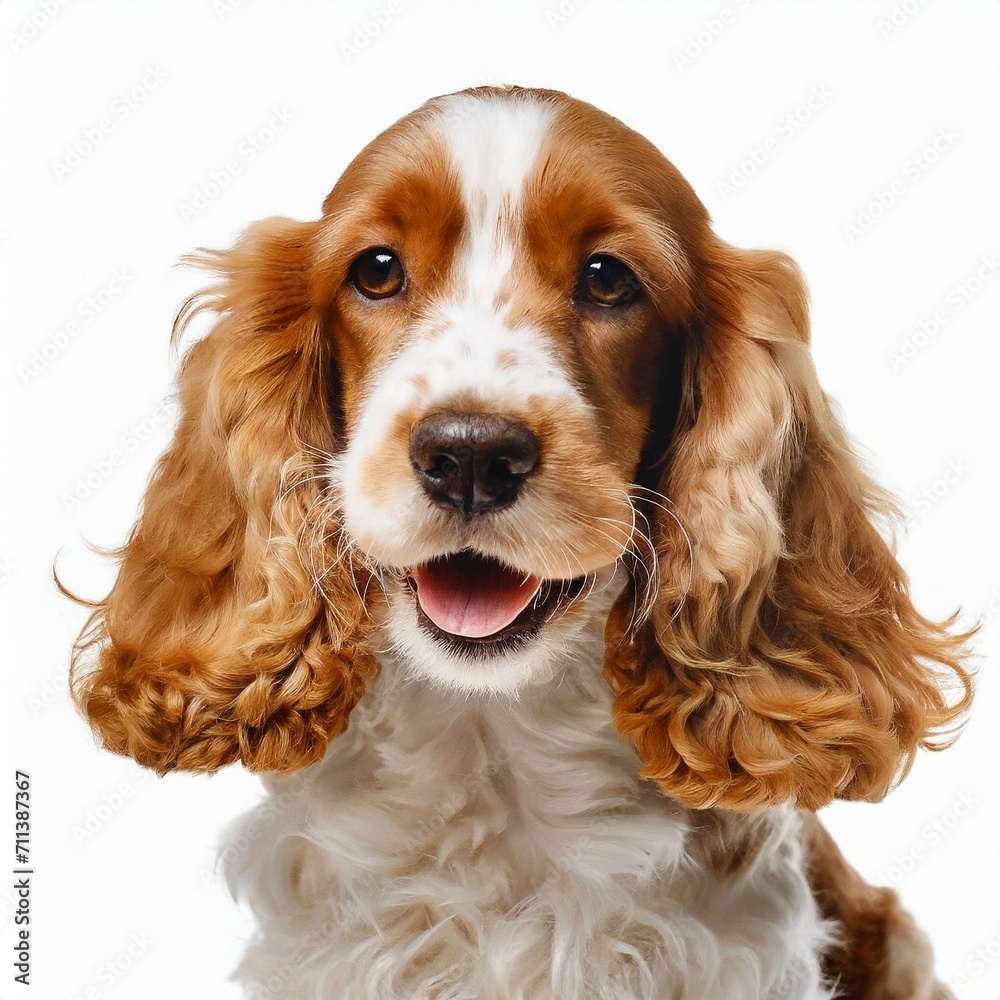Cheerful puppy dog smiling on yellow background isolated.