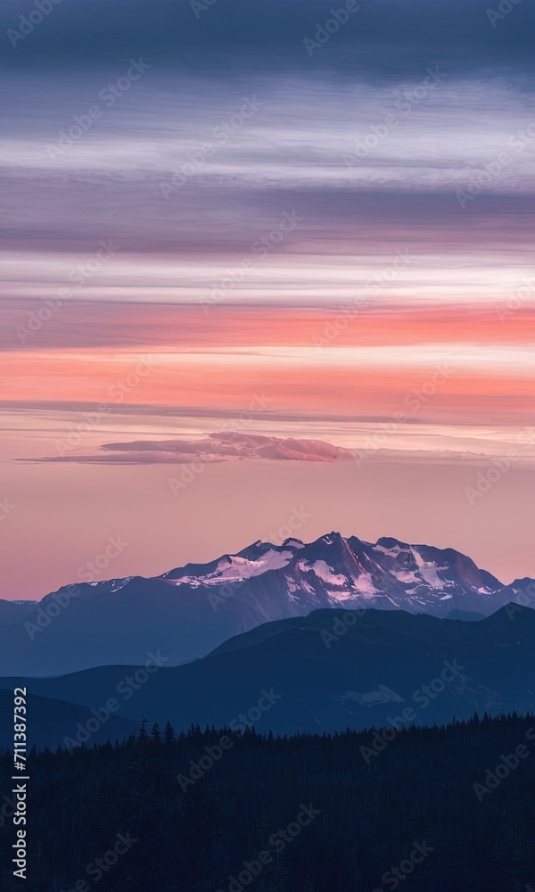 Fototapeta premium Serene Sunset over Snow-Capped Mountains and Forest