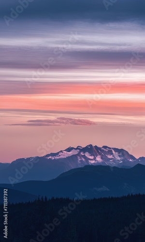 Serene Sunset over Snow-Capped Mountains and Forest