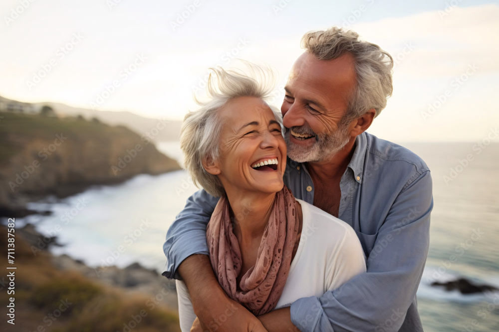 happy elderly white couple, man and woman hugging against sea background happy elderly white couple, man and woman hugging against sea background