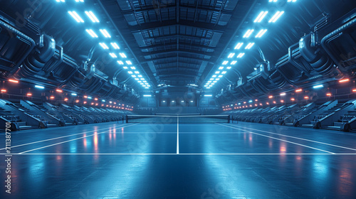 A futuristic indoor tennis court with high-tech lighting and displays. © Natalia