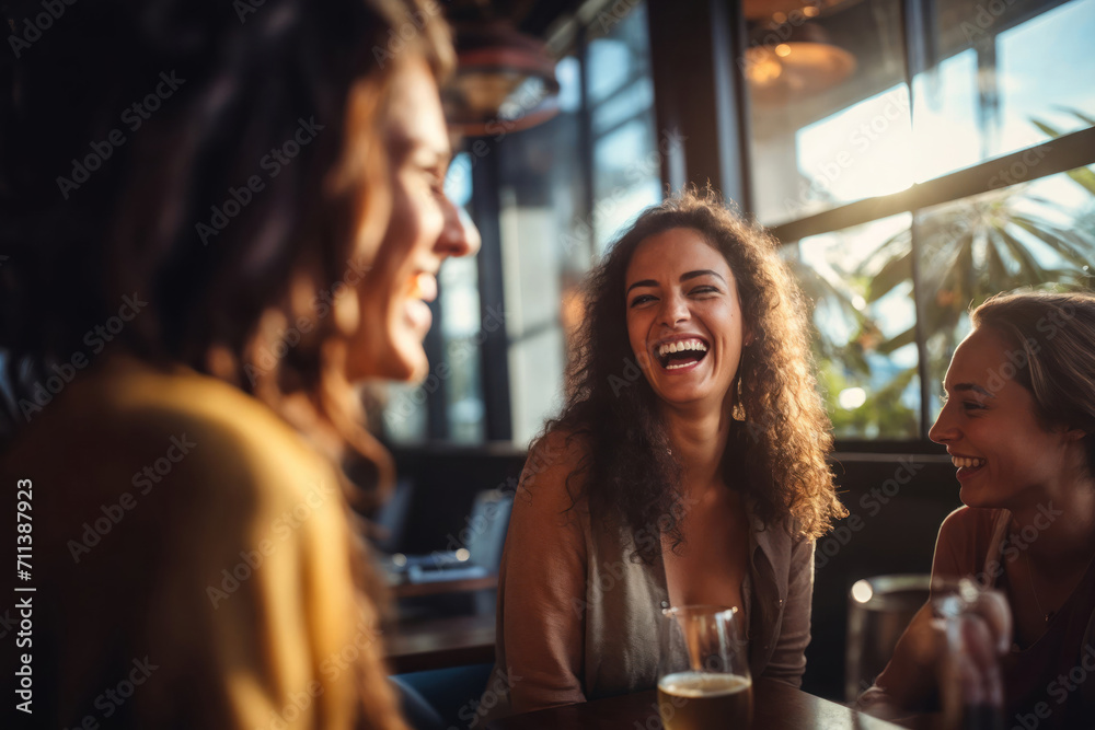 A group of friends hanging out in a cafe, or a restaurant, talking and laughing happily, enjoying their time together.