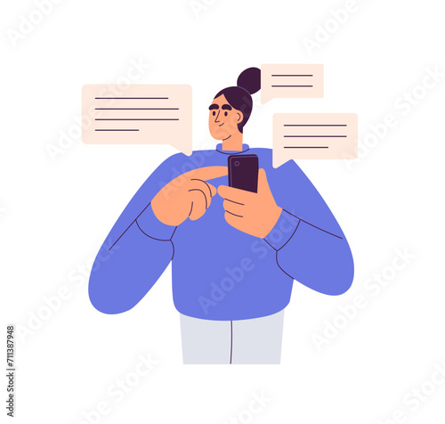 Sending and receiving messages, comments on mobile phone. Woman using smartph...