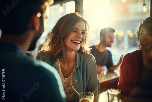 A group of friends hanging out in a cafe  or a restaurant  talking and laughing happily  enjoying their time together.