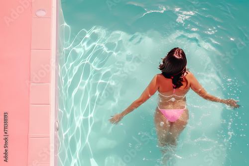 Summer Seduction: Poolside Aesthetics. Sultry Swim: The Allure of the Summer Pool. nUDE Topless Woman siitting on the edge of the pool pink with modern aesthetics photo
