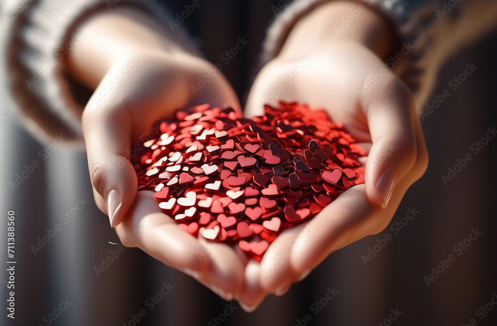 Many sparkling hearts in women's palms. The concept of love, tenderness and care. Valentine's Day card, declaration of love Many sparkling hearts in women's palms. The concept of love, tenderness and care. Valentine's Day card, declaration of love