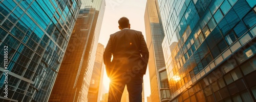 Happy wealthy rich successful indian business man standing in big city modern skyscrapers street on sunset thinking of successful future vision
