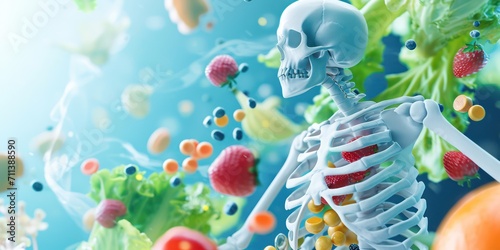 healthy bone human with Foods vitamin or Calcium, and Collagen, Medical food concept background 3d illustration. photo