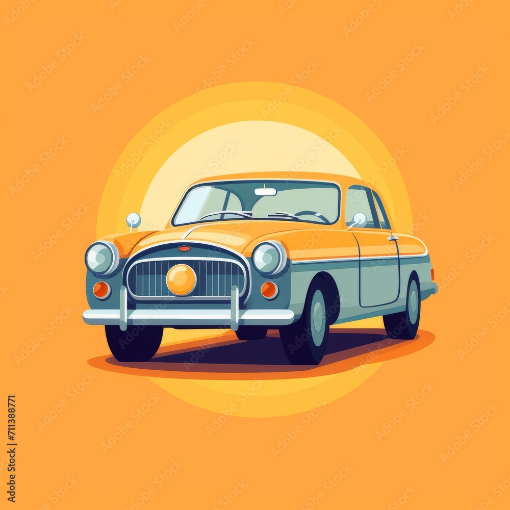 Illustration of a car. Simple vector art with the front view of an old car. Cartoon drawing of a car. AI generated. Yellow background.