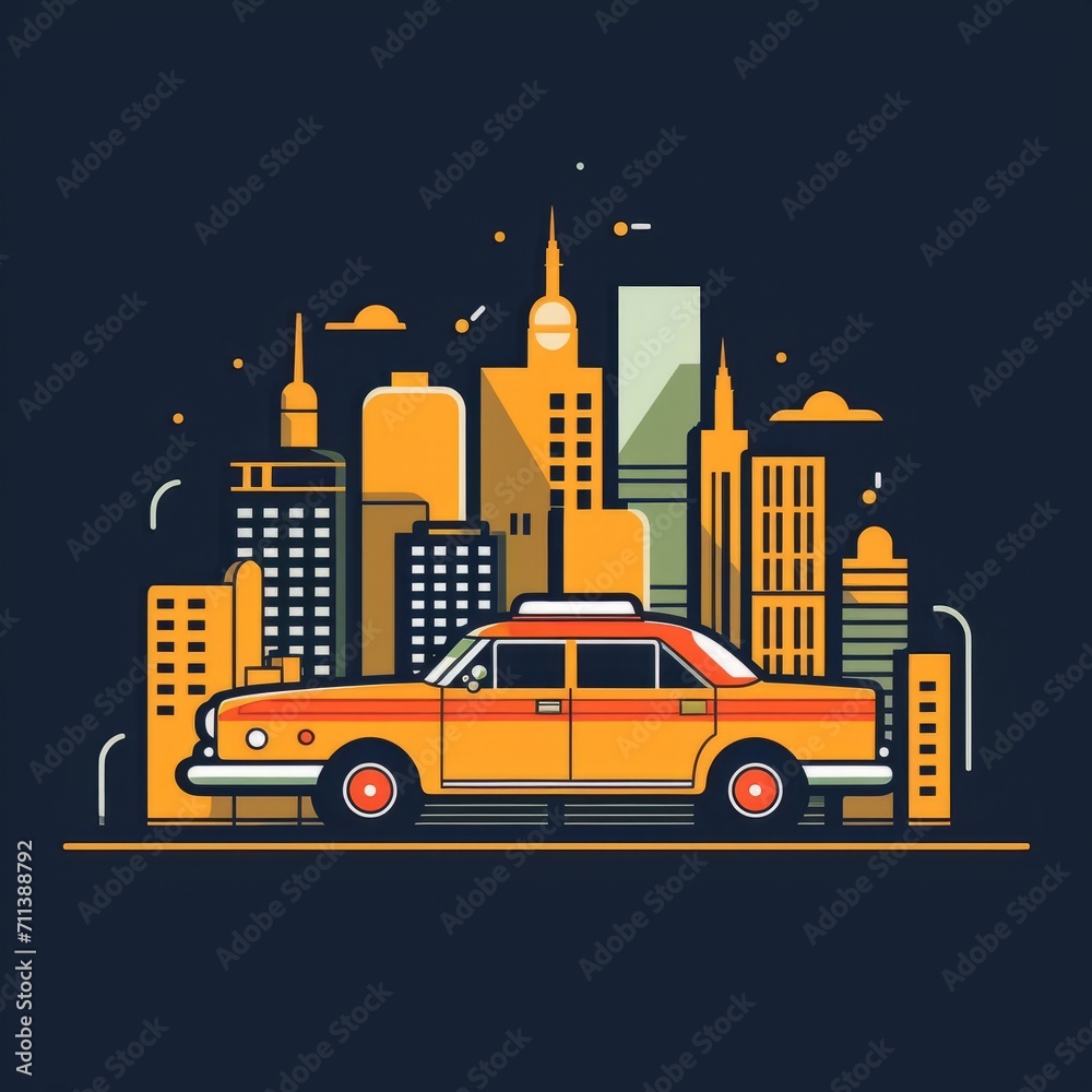 Illustration of a yellow taxi car. Simple vector art with the side view of an old yellow taxi. Cartoon drawing of a taxi. AI generated. Yellow background.