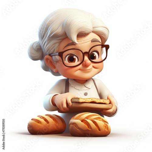3D character Grandmother with fresh bread. Bakery. An old woman. Grandma's love and care. Cooking