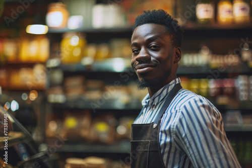 A confident and cheerful black salesman in a supermarket, proudly wearing a uniform, serving customers.
