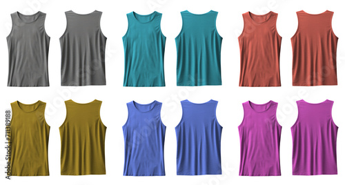 Set of Blank Tank top colorful front and back view#01 cutout on transparent background. Mockup template product presentation. photo