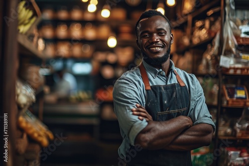 A confident and professional black salesman in an apron, managing the produce department with a smile.