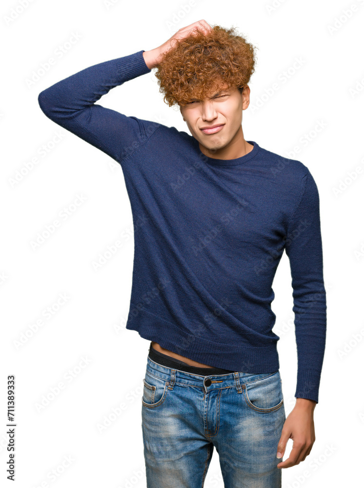 Young handsome man with afro hair confuse and wonder about question. Uncertain with doubt, thinking with hand on head. Pensive concept. Young handsome man with afro hair confuse and wonder about question. Uncertain with doubt, thinking with hand on head. Pensive concept.
