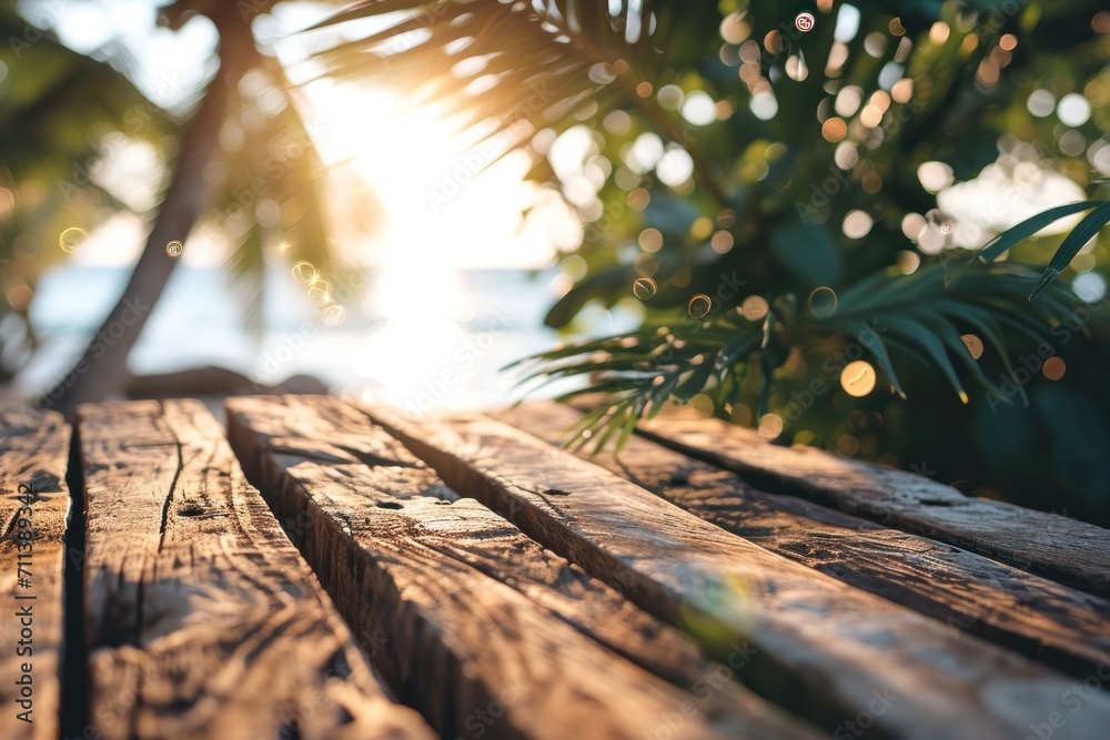 A summer seascape with a wooden tabletop, ocean views, and a sunlit paradise atmosphere. A summer seascape with a wooden tabletop, ocean views, and a sunlit paradise atmosphere.