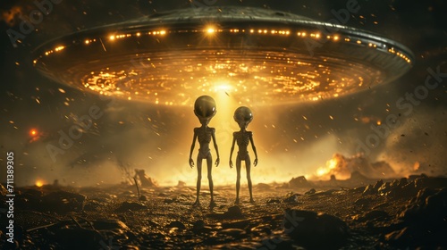 mysterious aliens creatures standing in front of unidentified flying object UFO on the planet earth. wallpaper background