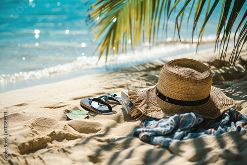 Seaside relaxation with a straw hat, sunglasses, and beach essentials in a sunny tropical paradise. photo