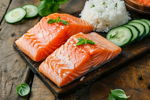 salmon stuffed with cut cucumber and rice