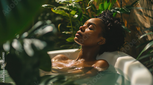 African american woman relaxing in the bath on a background with tropical plants. spa treatment, concept of body and skin care. photo