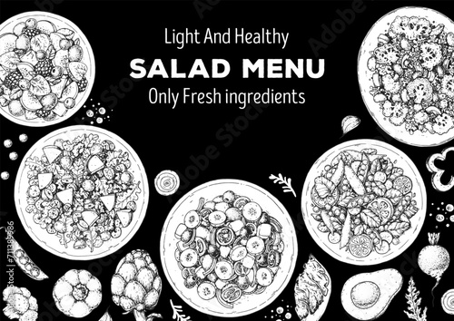 Hand drawn salads. Food top view vector illustration. Healthy eating. Salads collection. Food menu design template. Hand drawn sketch.