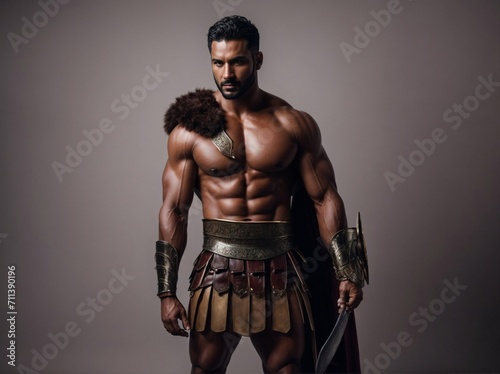 Gladiator Man Holding Sword in Costume. Generative AI.