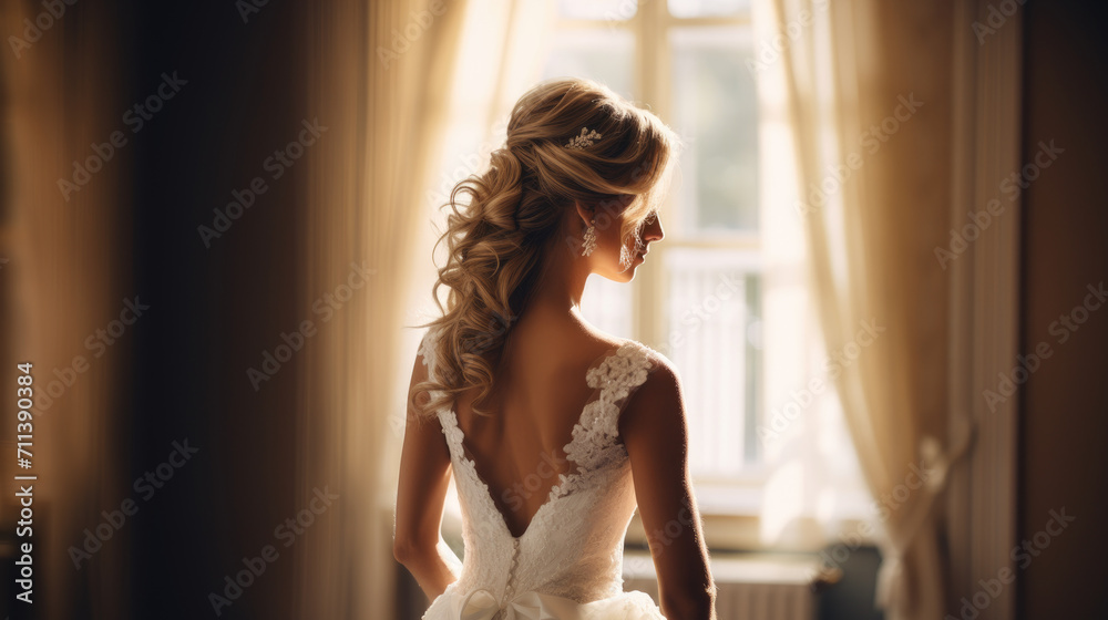 Fototapeta premium bride in her wedding dress from behind