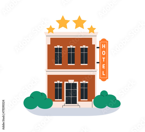 Hotel building facade, exterior, architecture. Travel touristic holiday accommodation icon. Hostel construction, structure. 4 star apartment. Flat vector illustration isolated on white background