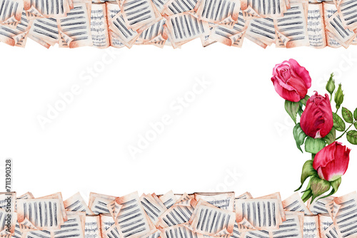 Classical Music greeting card design. Sheet Music Pages borders and Flowers. Three Red Roses composition. Watercolor illustration isolated on transparent background. For cards, certificates, flyers photo
