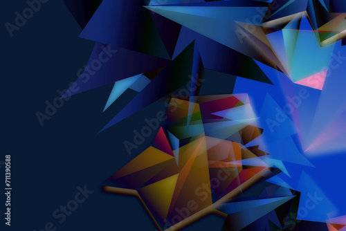 Vector illustration of a randomly scattered triangles of different sizes, colors and transparency. Abstract geometric background. Colorful low poly backdrop with illusion of depth.