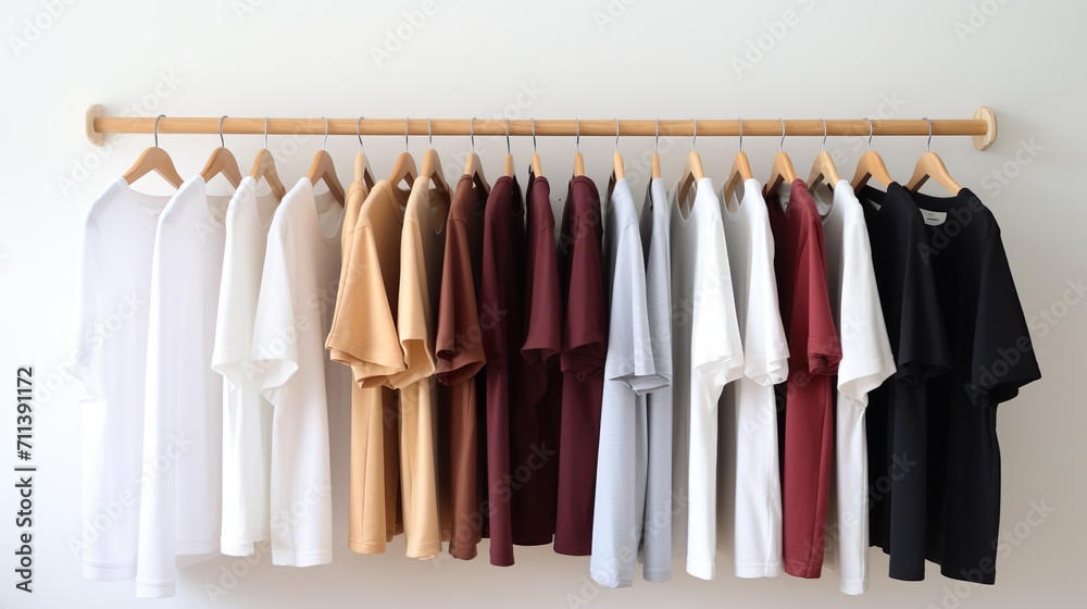 A row of tops and long-sleeved shirts hanging on a wooden rod against a plain background. The clothes are from dark to light colors, from black, dark red, yellow, white to gray and beige. A row of tops and long-sleeved shirts hanging on a wooden rod against a plain background. The clothes are from dark to light colors, from black, dark red, yellow, white to gray and beige.