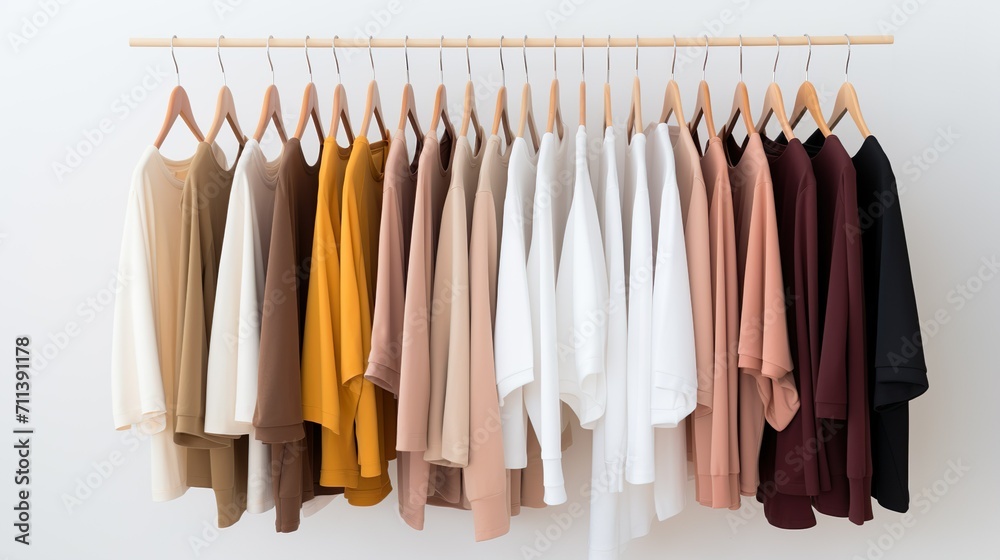 A row of tops and long-sleeved shirts hanging on a wooden rod against a plain background. The clothes are from dark to light colors, from black, dark red, yellow, white to gray and beige.
